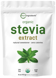 Micro Ingredients stevia powder bottle highlights Reb-A extract for zero-calorie sweetness.