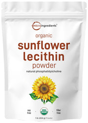 Micro Ingredients Organic Sunflower Lecithin Powder 1 lb packaging highlights sustainable farming.