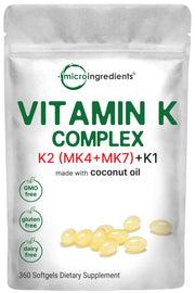 Micro Ingredients Super Vitamin K Complex bottle with softgels for easy daily calcium support.