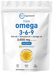 Micro Ingredients Ultra Omega 3-6-9 lemon softgel bottle for daily easy supplementation.