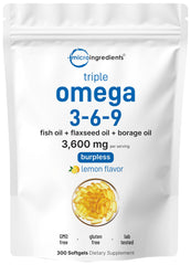 Micro Ingredients Ultra Omega 3-6-9 lemon softgel bottle for daily easy supplementation.
