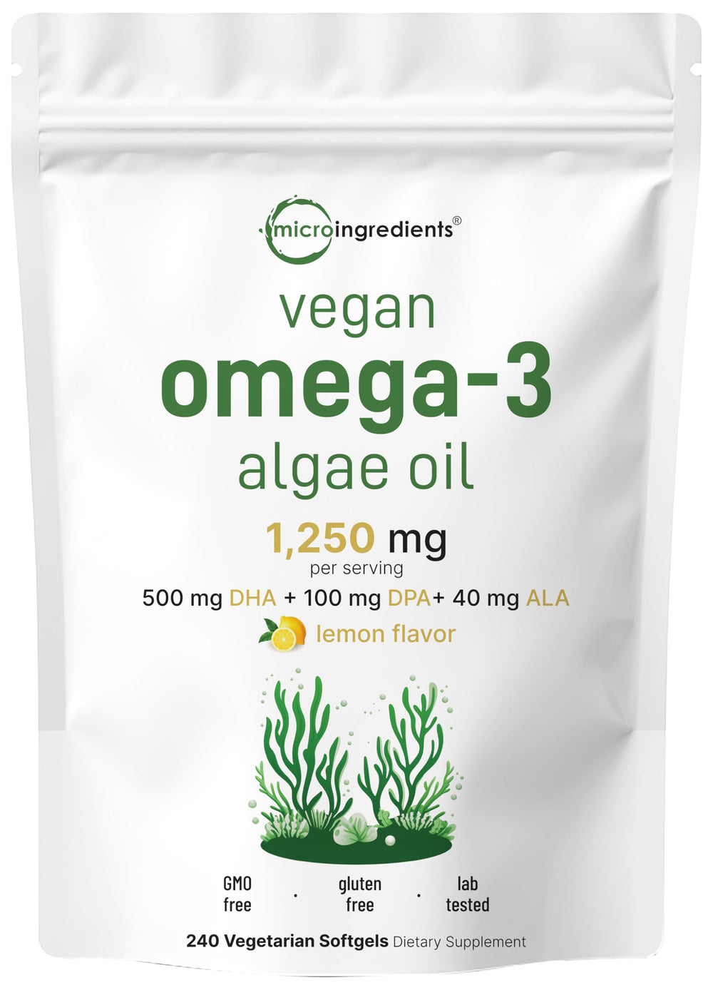 Micro Ingredients vegan omega-3 algae oil softgels with lemon flavor for easy daily use
