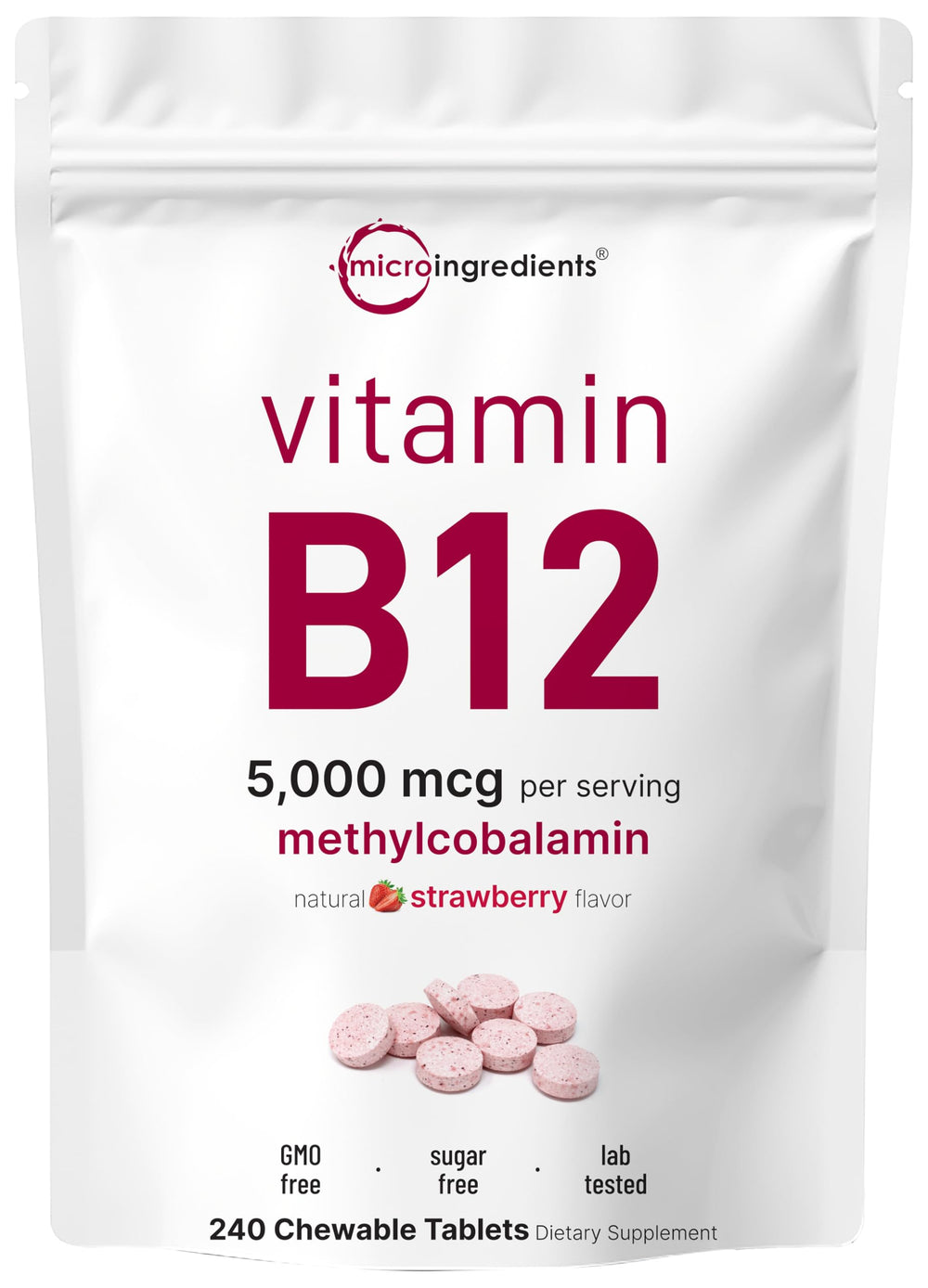 Micro Ingredients Vitamin B12 chewable strawberry tablet with fast-dissolve texture for easy daily use.