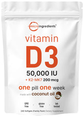 Micro Ingredients Vitamin D3 + K2 softgels bottle showing weekly dose for bone support