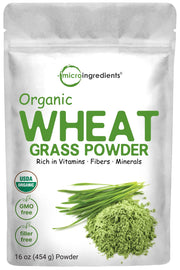Micro Ingredients wheat grass powder 16oz bottle showing vibrant greens and sustainability.