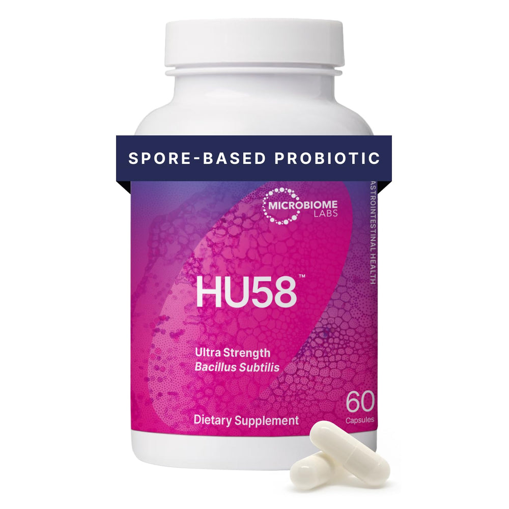 Microbiome Labs HU58 bottle with capsules supporting digestive health