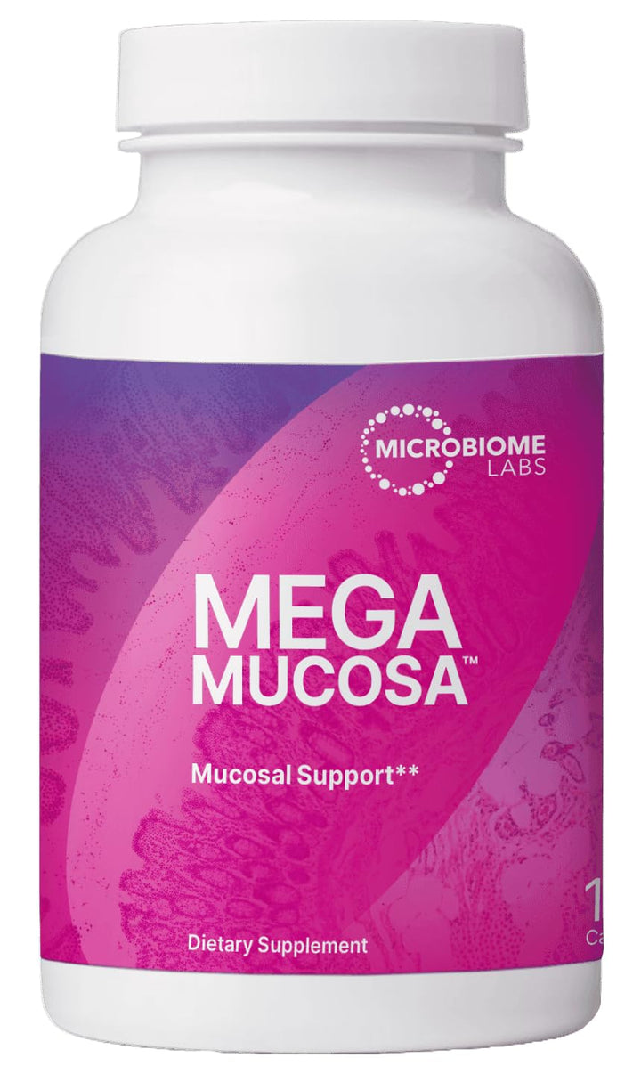 MegaMucosa bottle front view from Microbiome Labs for gut support.