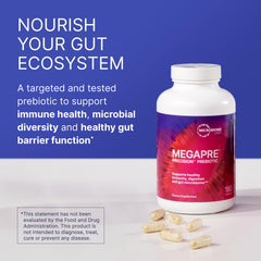 Microbiome Labs MegaPre bottle back with supplement facts for transparency.