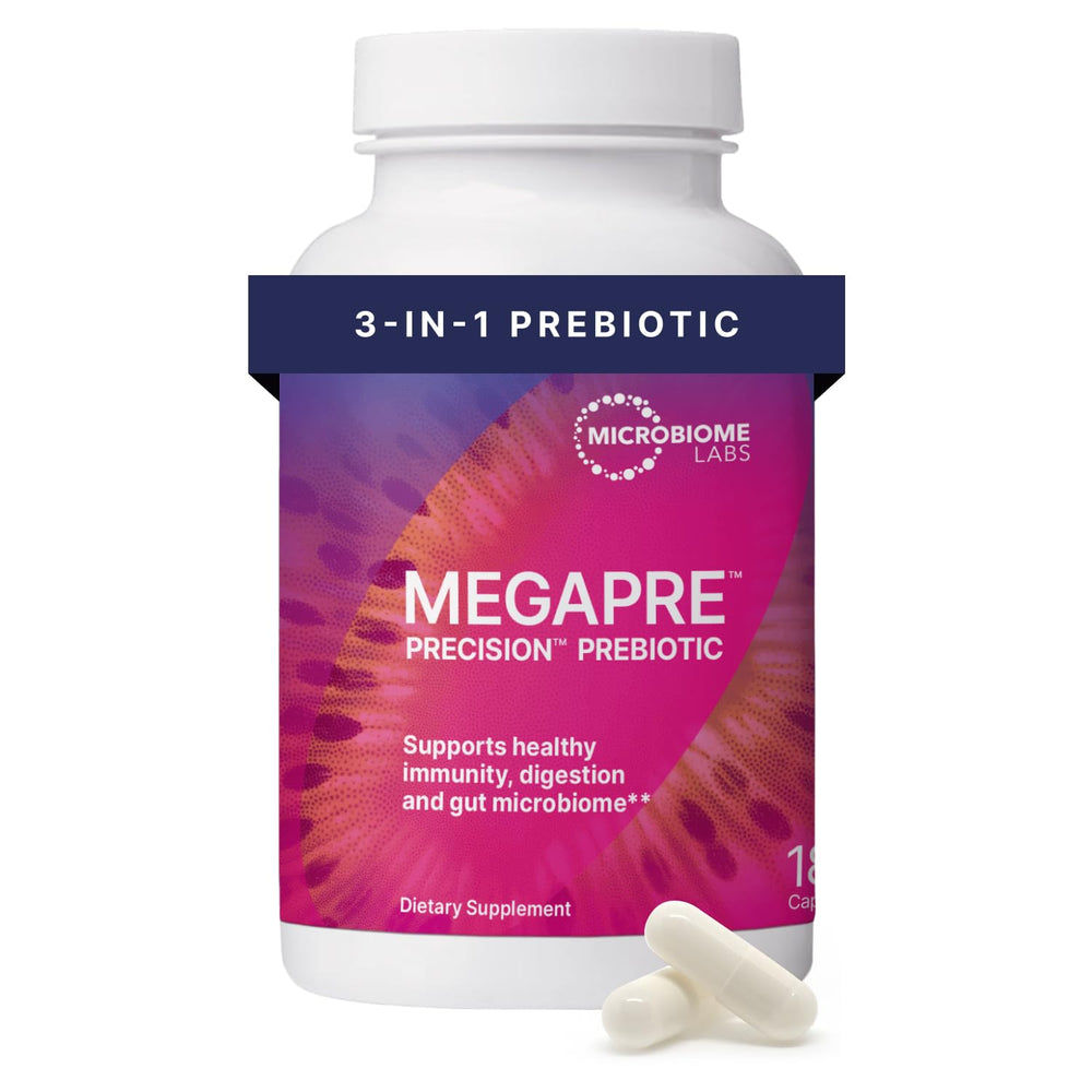 Microbiome Labs MegaPre capsule bottle front showing convenient prebiotic support.