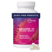Microbiome Labs MegaPre DF bottle with dairy-free prebiotic powder for gut diversity.