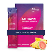 Microbiome Labs MegaPre pineapple orange guava drink packet for on-the-go gut support.