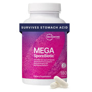 Microbiome Labs MegaSporeBiotic bottle showing shelf-stable probiotic for daily gut support.