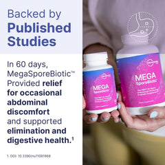 Close-up of MegaSporeBiotic capsules with DNA-verified strains for digestive balance.