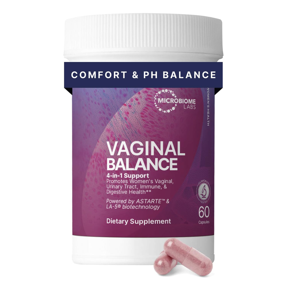 Microbiome Labs Vaginal Balance bottle and capsules for daily vaginal comfort and pH support.