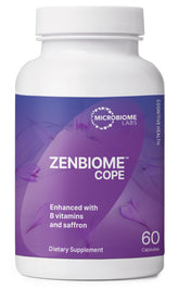 Microbiome Labs Zenbiome COPE bottle on the counter, suggesting daily mood support