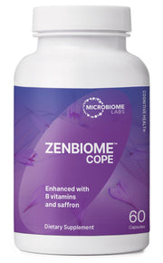 Microbiome Labs Zenbiome COPE bottle on the counter, suggesting daily mood support