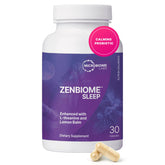 Microbiome Labs Zenbiome Sleep bottle on a nightstand for bedtime