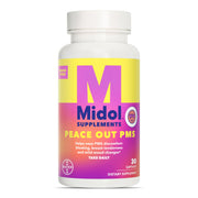 Midol Peace Out PMS bottle front view shows vegan, drug-free support for mild PMS.
