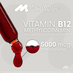 Close up of Midtown Supplements B12 label highlighting vegan methylcobalamin formulation