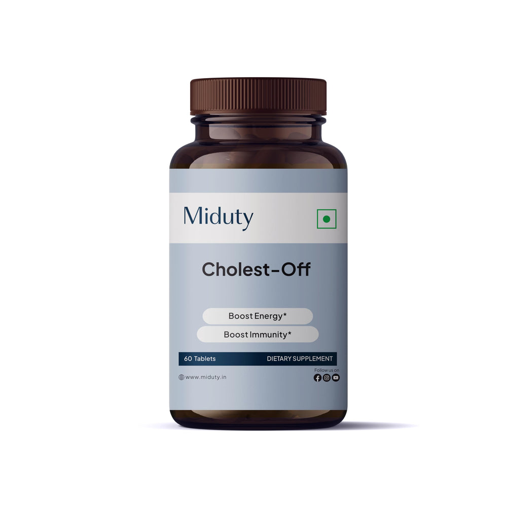 Miduty Palak Notes Cholest-Off bottle for gluten-free, non-GMO daily wellness.