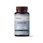 Miduty Palak Notes Cholest-Off bottle for gluten-free, non-GMO daily wellness.