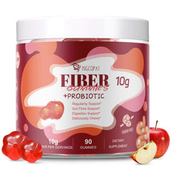 Migcopat bottle showing apple-flavored fiber gummies for daily fiber intake.