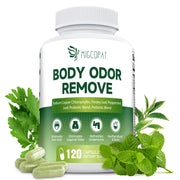 Migcopat chlorophyll body deodorizing supplement bottle suggesting daily internal freshness.