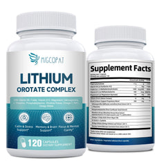 Migcopat Lithium Orotate Complex bottle shown, promoting daily brain support and balanced mood.