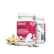 Milkaid Junior vanilla chewable tablets pack for kids, convenient for dairy meals away from home.
