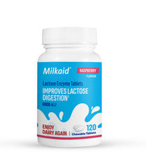 Milkaid bottle of lactase chewables for on-the-go digestion