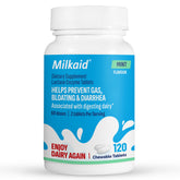 Milkaid lactase tablets pack shot showing convenient dairy digestion support.