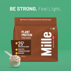 Millé Coffee Hazelnut protein scoop close-up showing easy mixing.
