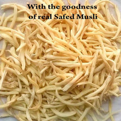 Minature Safed Musli packaging closeup emphasizes gluten-free labeling for dietary flexibility.