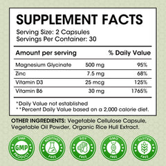 Minch magnesium glycinate ingredients label with zinc and vitamins D3 and B6.