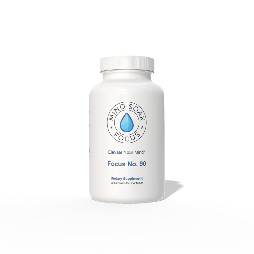 Mind Soak Focus No. 90 bottle label showing branding for cognitive support