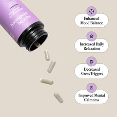 MINDHONEY SYNC capsules pour demonstrates simple daily intake for mood and calm.