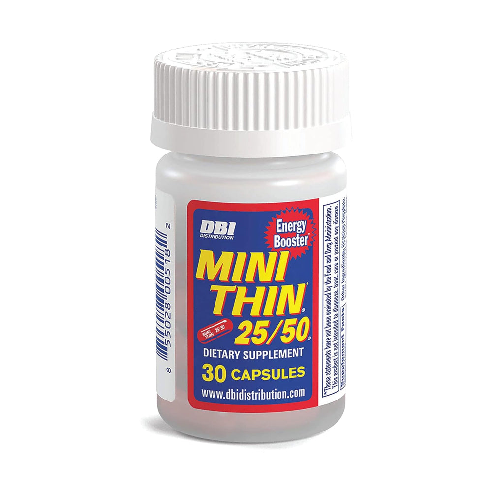 Mini Thin 25/50 bottle front showing on-the-go energy support.