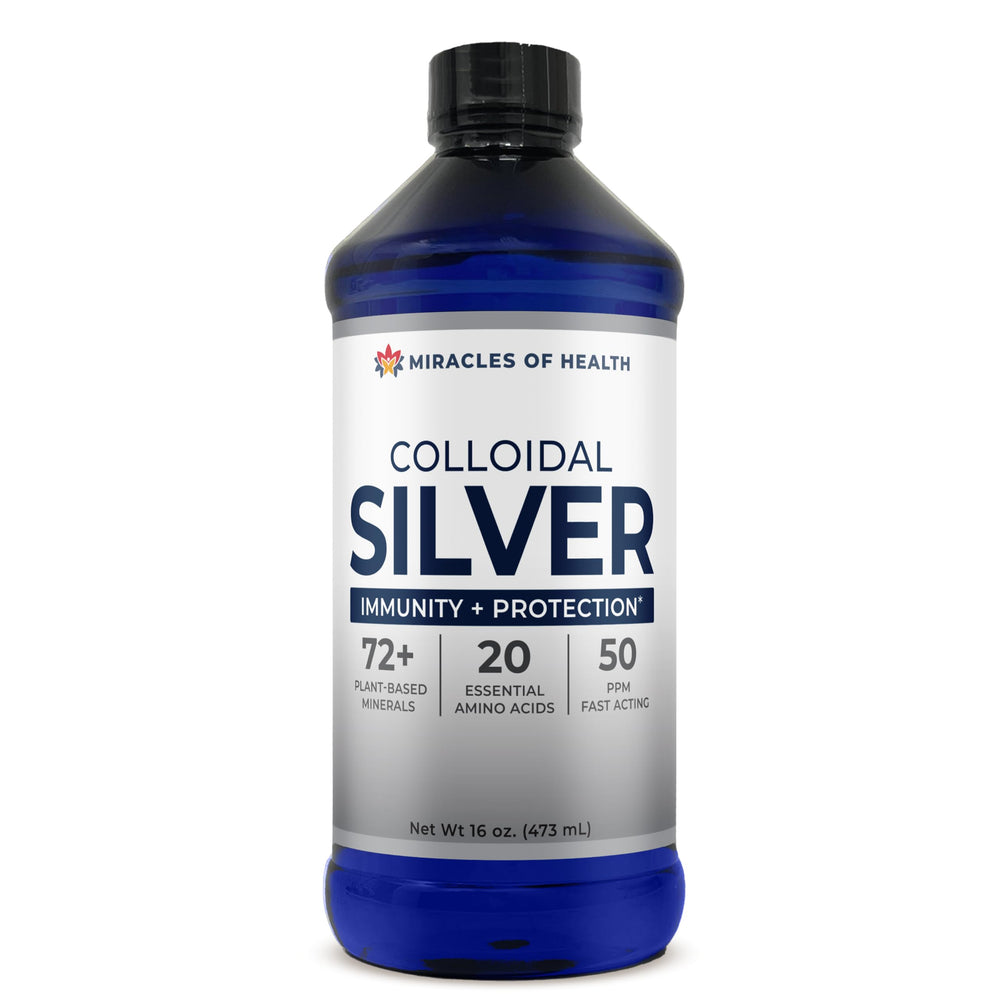 Miracles of Health colloidal silver bottle front; 50 ppm nano silver for potential daily use.