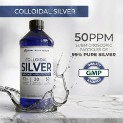 Miracles of Health colloidal silver bottle side; mineral blend highlights 72+ minerals.
