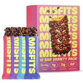 Misfits protein bar variety pack with triple-layer chocolate coating for post-workout satisfaction.