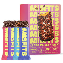 Misfits protein bar variety pack with triple-layer chocolate coating for post-workout satisfaction.