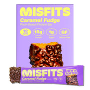 Misfits Sweet Caramel Fudge vegan bar with caramel layer – high-protein snack.