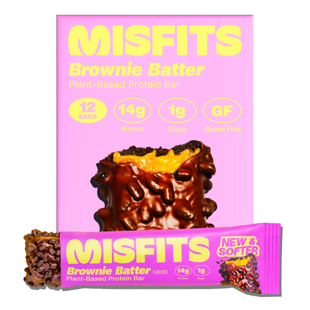Misfits vegan protein bar with fudgy brownie center, protein-rich workout snack