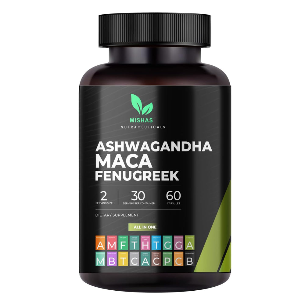 Mishas Nutraceuticals Ashwagandha bottle for stress support and mood balance.
