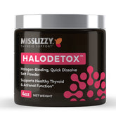 Miss Lizzy HaloDetox pink salt powder close-up, showing natural mineral-rich texture for detox support.