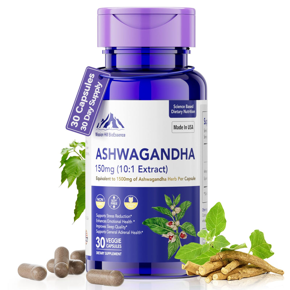Mission Hill Foods Ashwagandha bottle promoting daily stress support and wellness.