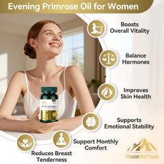 Morning routine with Mission Hill Foods Evening Primrose Oil softgels package for skin health
