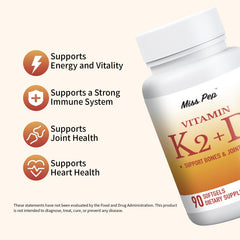 Misspep softgels close-up showing easy-to-swallow D3 K2 formula.