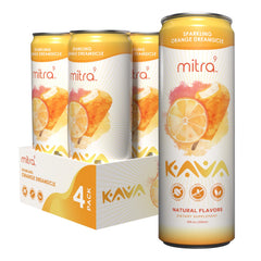 Mitra9 orange dreamsicle sparkling kava drink bottle showing vibrant color and natural calm vibe.