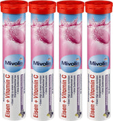 Mivolis iron and vitamin C effervescent tablets in bottle front for daily convenience.